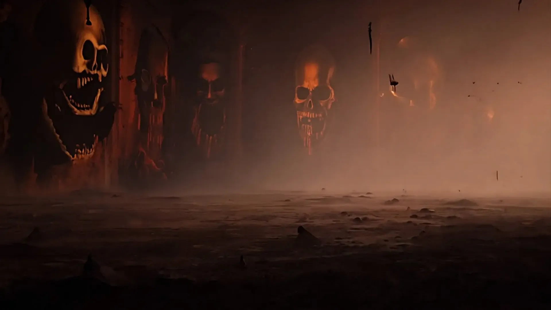 Dark Skull Carvings in Foggy Cave Background for Title Animation